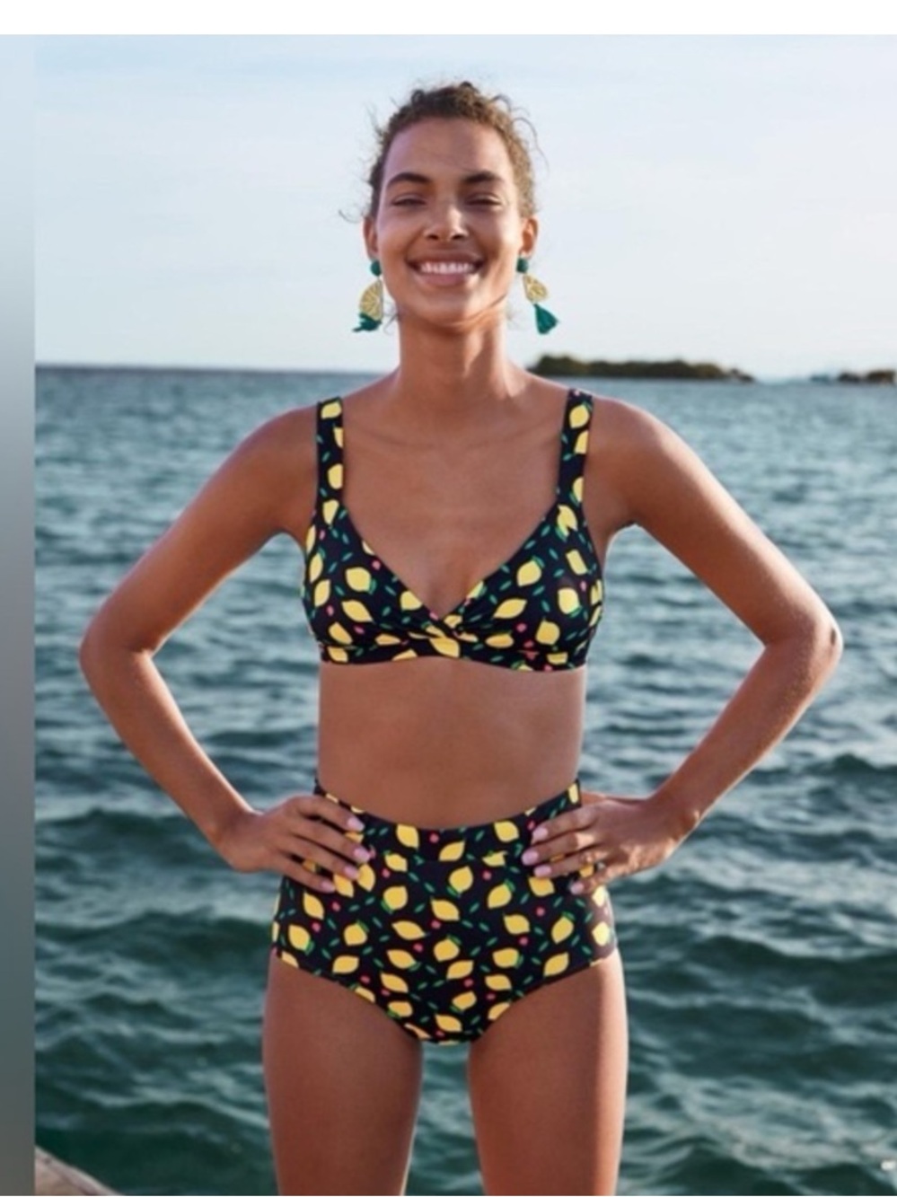 Boden Talamanca Bikini Top & Retro Bottom, NWOT, Navy with Yellow Lemons size 8